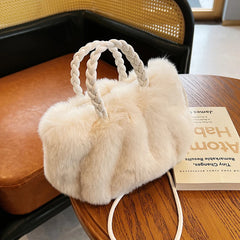 Women's Faux Fur Tote Bag with Woven Handle - Winter Shoulder Side Bag