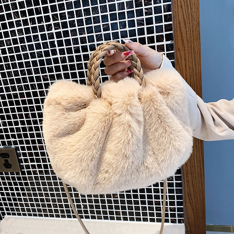 Women's Faux Fur Tote Bag with Woven Handle - Winter Shoulder Side Bag