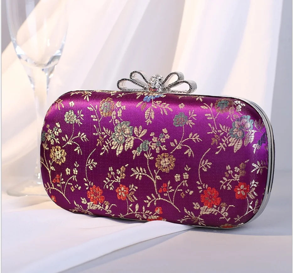 Silk Flower Evening Bag Metal Clutch Chain Shoulder Bag