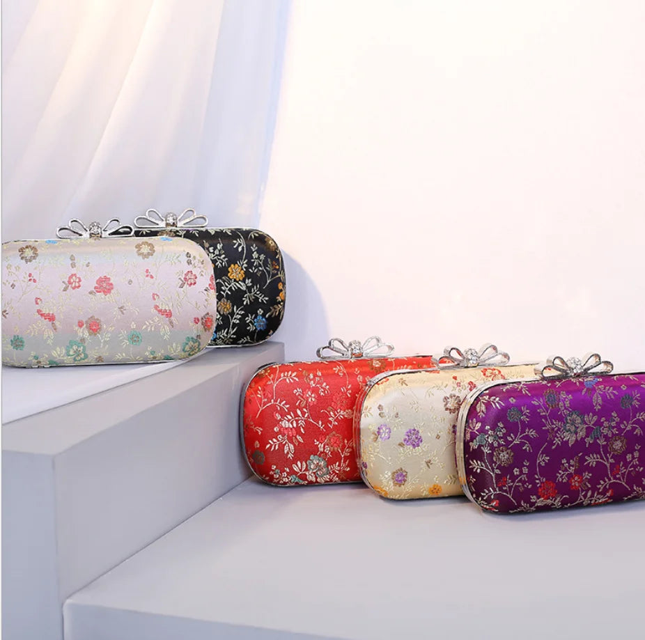 Silk Flower Evening Bag Metal Clutch Chain Shoulder Bag