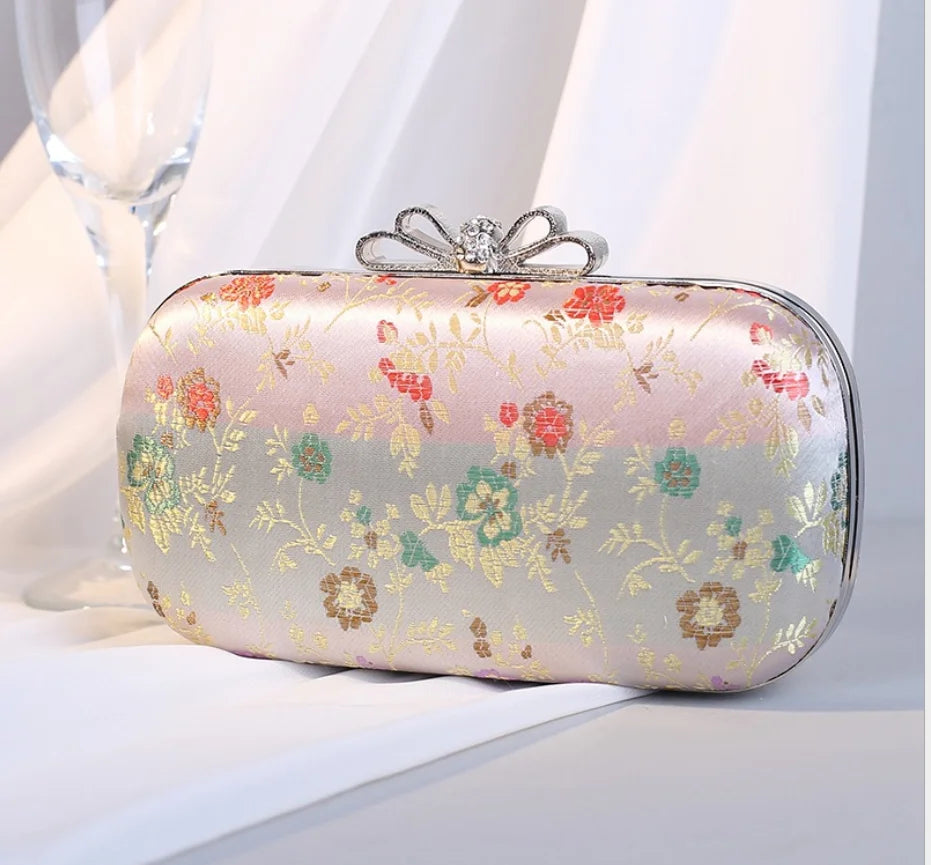 Silk Flower Evening Bag Metal Clutch Chain Shoulder Bag