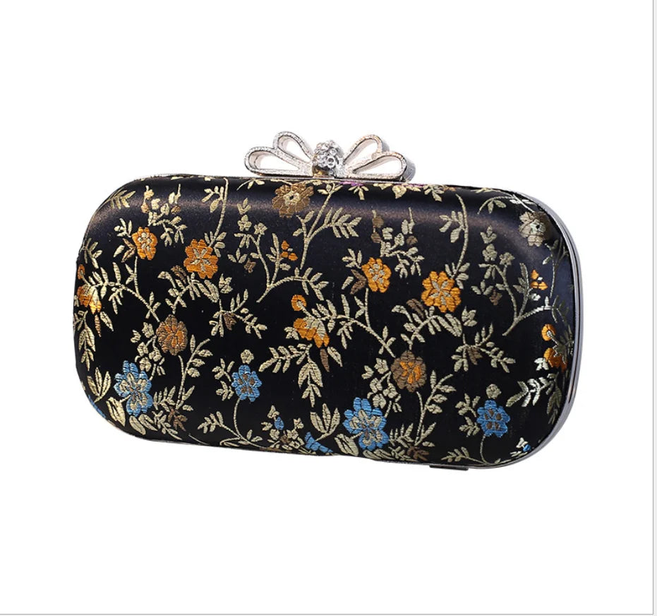 Silk Flower Evening Bag Metal Clutch Chain Shoulder Bag