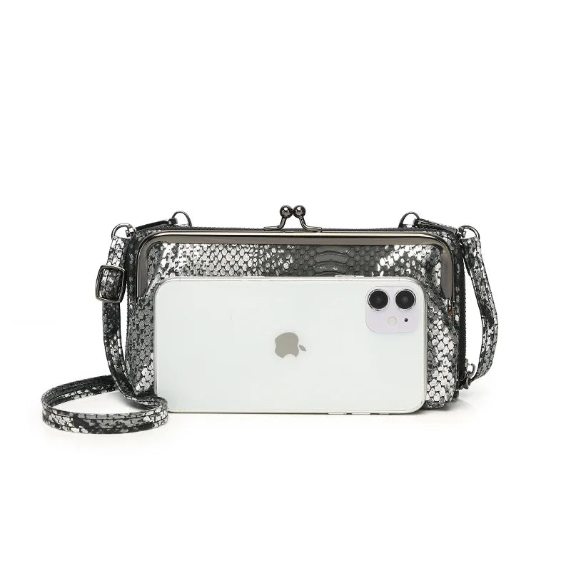 PU Leather Sequin Crossbody Clutch Clip Bag Snake Pattern Wallet