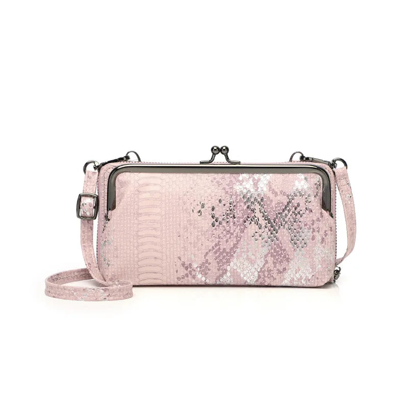 PU Leather Sequin Crossbody Clutch Clip Bag Snake Pattern Wallet