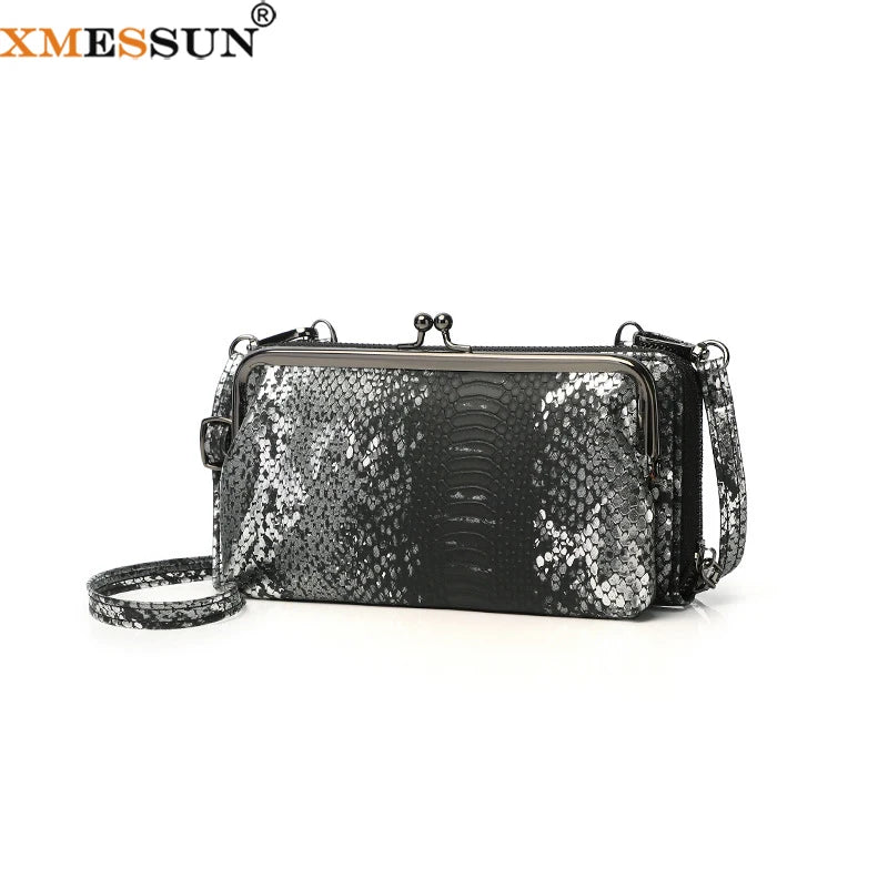 PU Leather Sequin Crossbody Clutch Clip Bag Snake Pattern Wallet