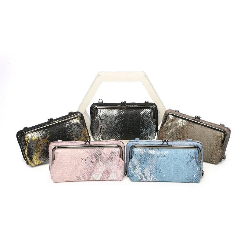 PU Leather Sequin Crossbody Clutch Clip Bag Snake Pattern Wallet