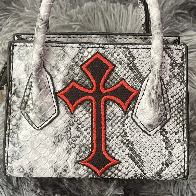 Xiuya Gothic Snake Pattern Chain Shoulder Bag Y2k Vintage PU Leather Handbag