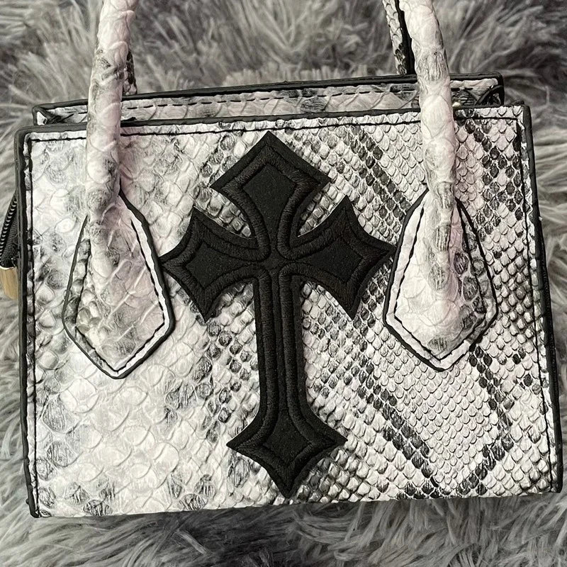 Xiuya Gothic Snake Pattern Chain Shoulder Bag Y2k Vintage PU Leather Handbag