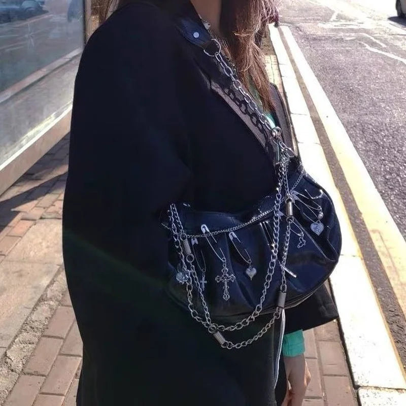 Xiuya Harajuku Goth Bag Metal Punk Style Pleated Hobos Shoulder Chain Handbag