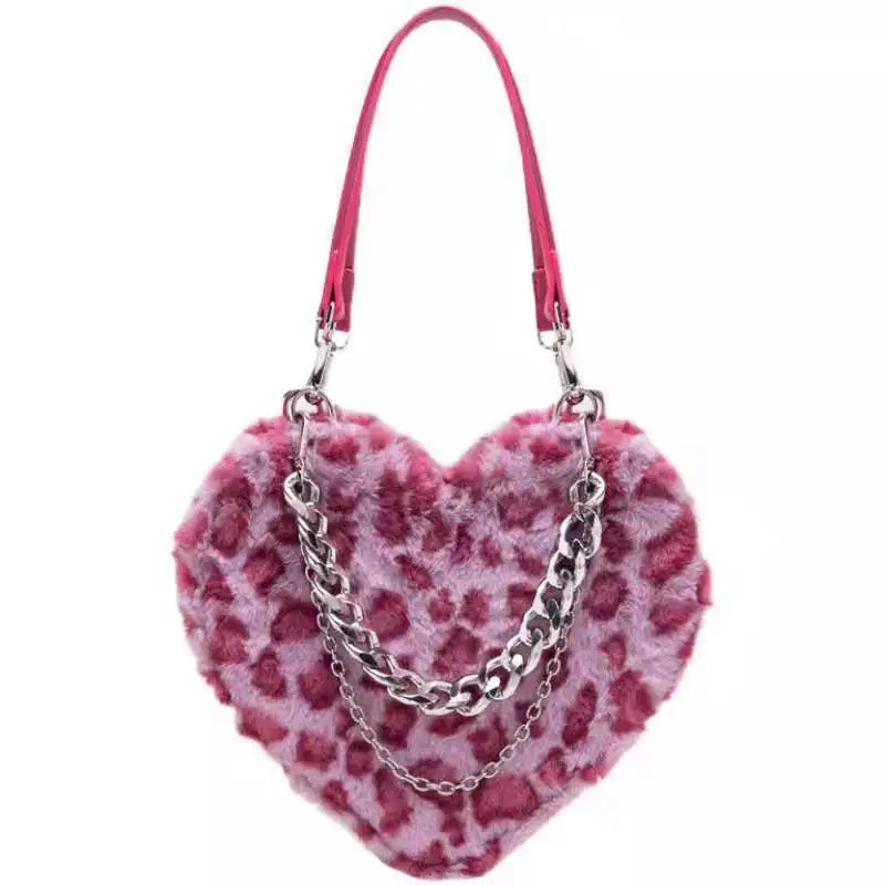 Xiuya Gothic Lolita Shoulder Bag Pink Leopard Rabbit Fur Chain Handbags