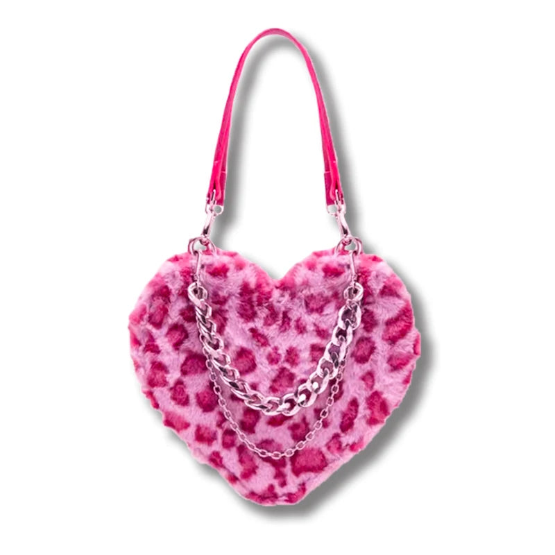 Xiuya Gothic Lolita Shoulder Bag Pink Leopard Rabbit Fur Chain Handbags