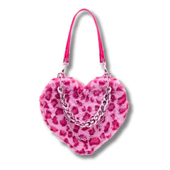 Xiuya Gothic Lolita Shoulder Bag Pink Leopard Rabbit Fur Chain Handbags