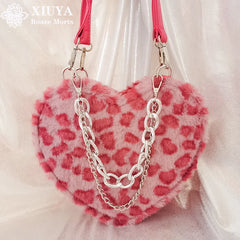 Xiuya Gothic Lolita Shoulder Bag Pink Leopard Rabbit Fur Chain Handbags