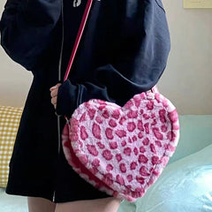 Xiuya Gothic Lolita Shoulder Bag Pink Leopard Rabbit Fur Chain Handbags