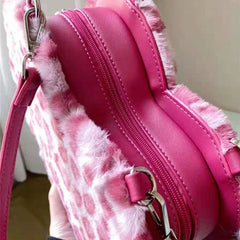 Xiuya Gothic Lolita Shoulder Bag Pink Leopard Rabbit Fur Chain Handbags