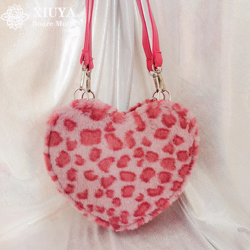 Xiuya Gothic Lolita Shoulder Bag Pink Leopard Rabbit Fur Chain Handbags