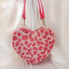 Xiuya Gothic Lolita Shoulder Bag Pink Leopard Rabbit Fur Chain Handbags