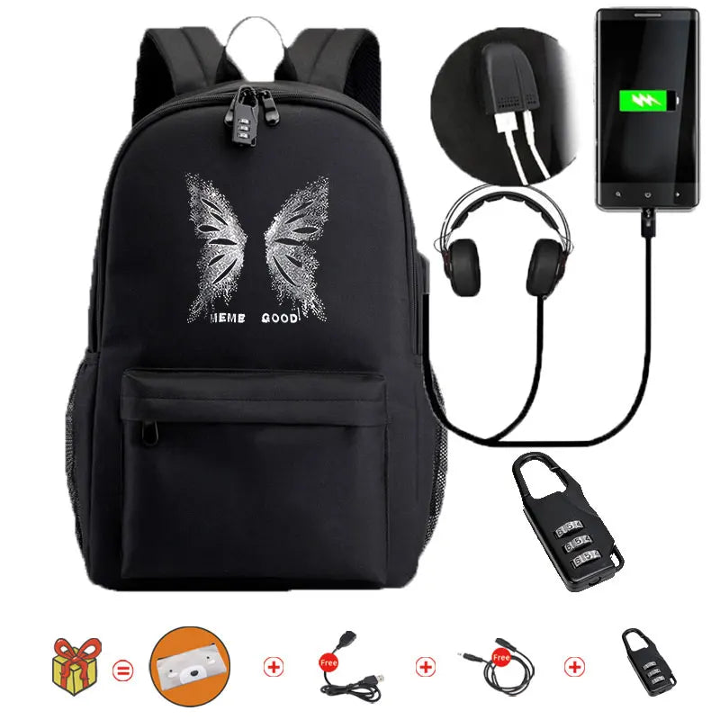 Y2K Backpack Girls Boys Butterfly Print Book Bag Large Capacity USB