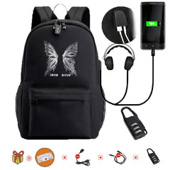 Y2K Backpack Girls Boys Butterfly Print Book Bag Large Capacity USB