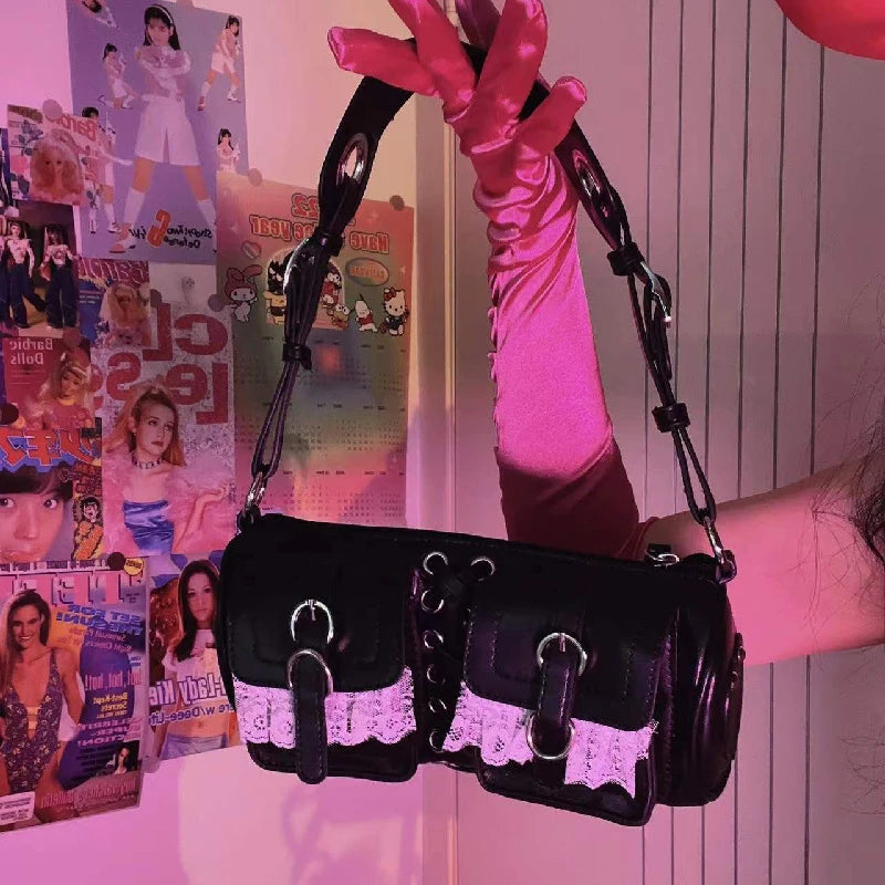 Y2K Heart Metal Chain Rivets Gothic Punk Motobike Witch Lace Bag