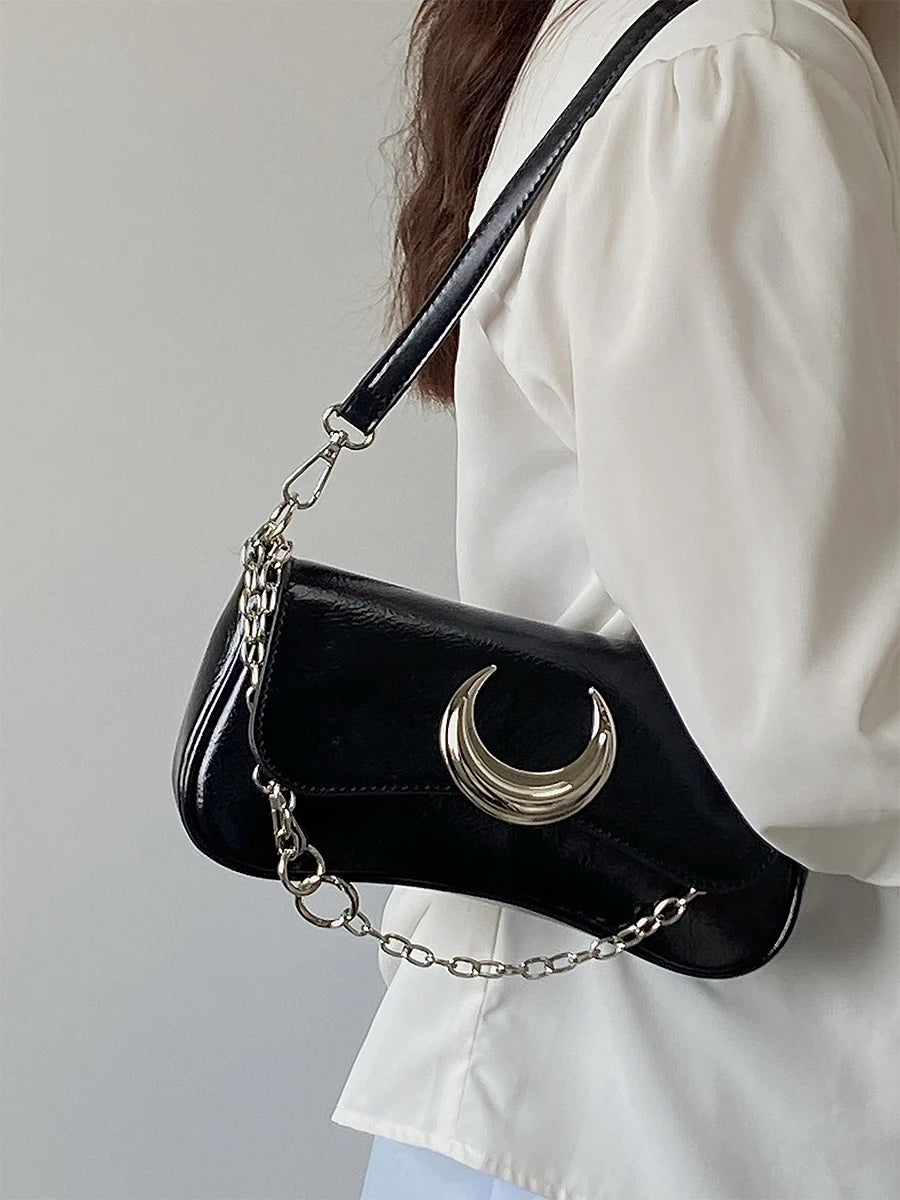 Y2k Girls Shoulder Bags Moon Lock Women's Chain Underarm Bag Purse Handbags