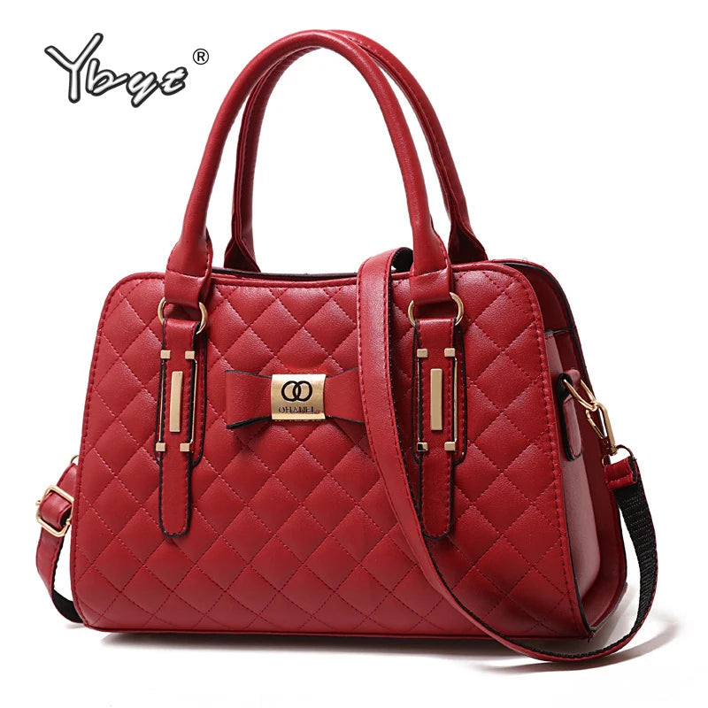 Diamond Lattice Leather Tote Bag with Bow-Knot