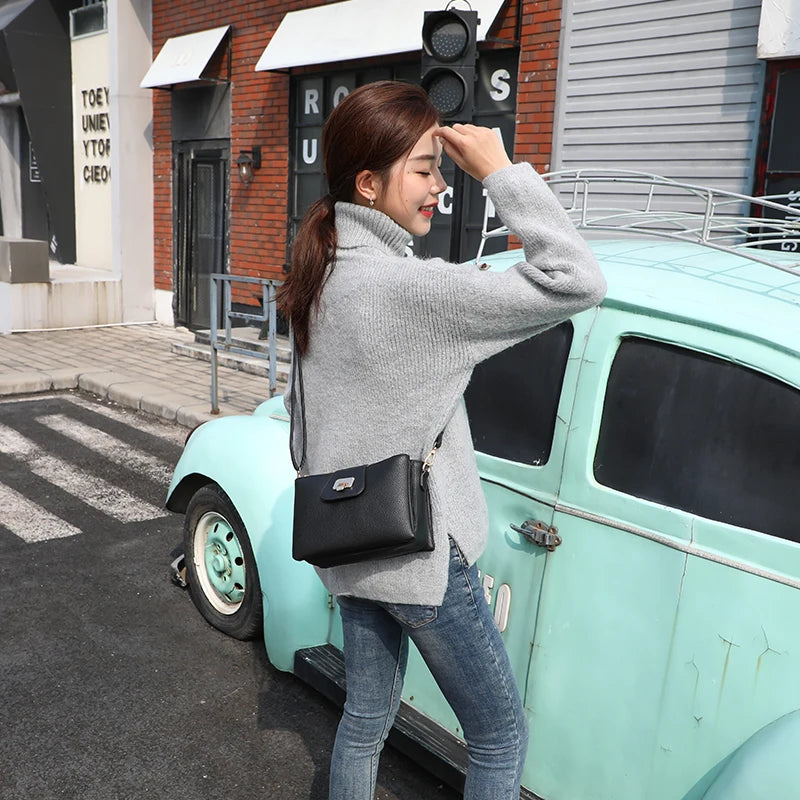 Lychee Pattern PU Leather Messenger Bag for Women with Multi Pockets