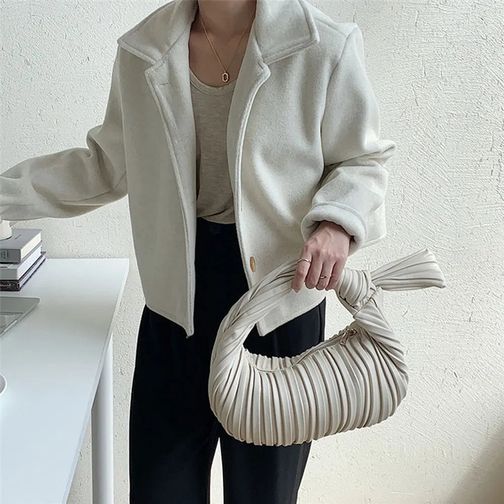 Winter Pleated Clutch Bag Stripe Leather Evening Clutch