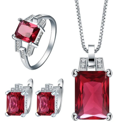 925 Silver Ruby Zircon Square Jewelry Set