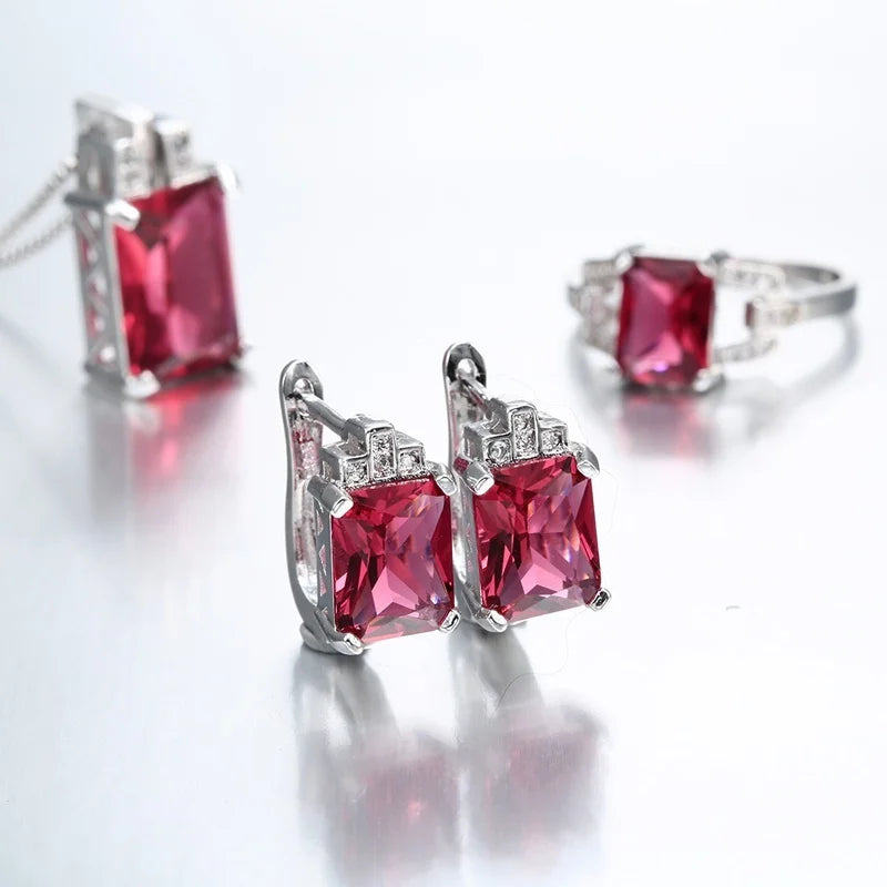 925 Silver Ruby Zircon Square Jewelry Set