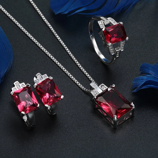 925 Silver Ruby Zircon Square Jewelry Set