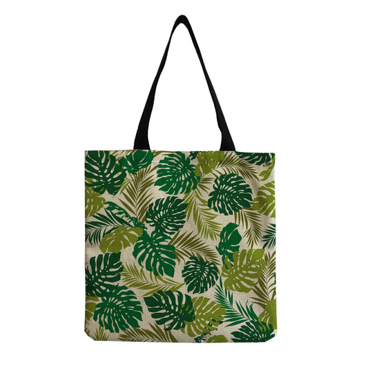 Beach Shoulder Bags Leaves Print Women Handbag Linen Totes Foldable Shopping Bag