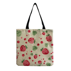 Strawberry Printed Linen Beach Shoulder Bag Women Casual Tote