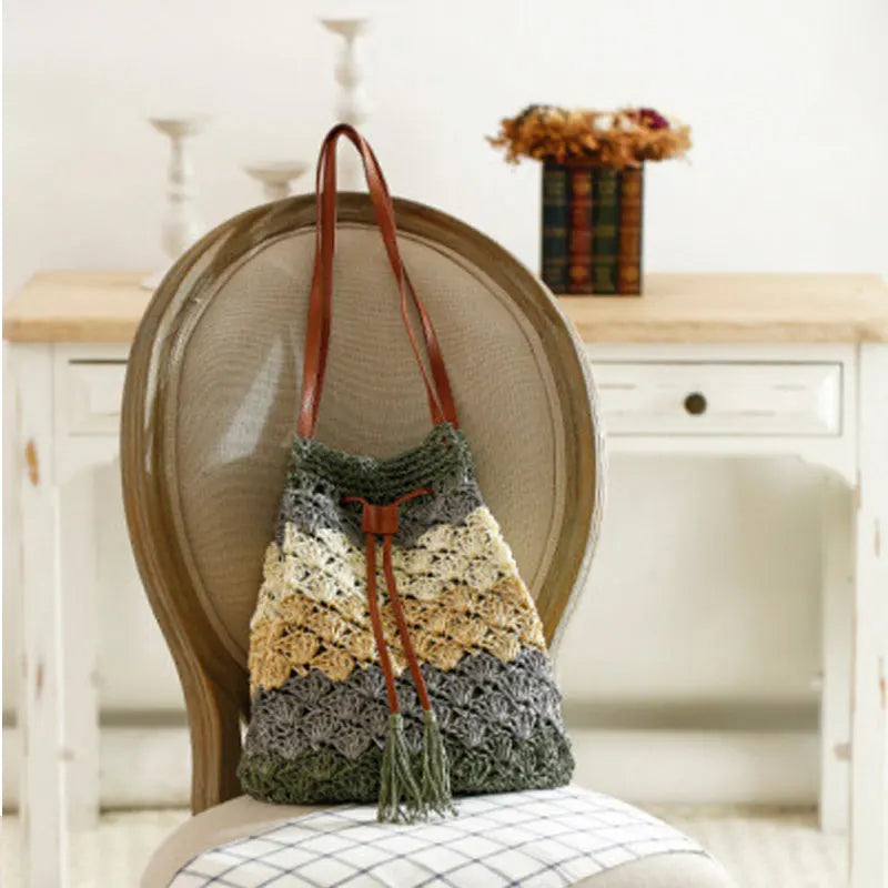 Bohemian Straw Bags for Women Wavy Stripes Beach Handbags