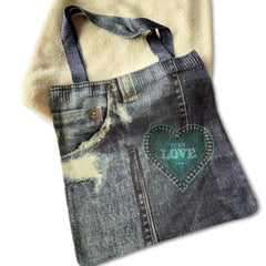 Women Knitted Shoulder Wrist Bags Cowboy Printing Big Capacity