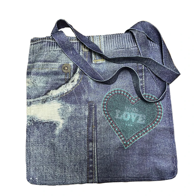 Women Knitted Shoulder Wrist Bags Cowboy Printing Big Capacity