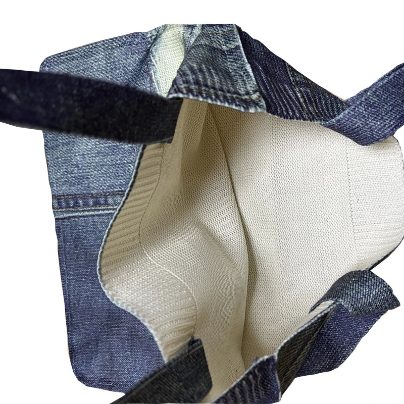 Women Knitted Shoulder Wrist Bags Cowboy Printing Big Capacity
