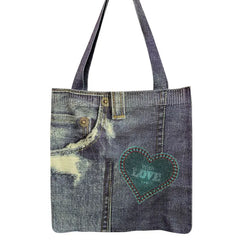 Women Knitted Shoulder Wrist Bags Cowboy Printing Big Capacity