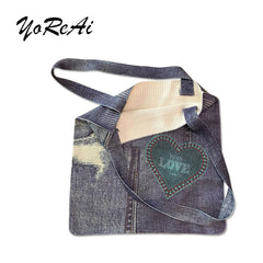 Women Knitted Shoulder Wrist Bags Cowboy Printing Big Capacity