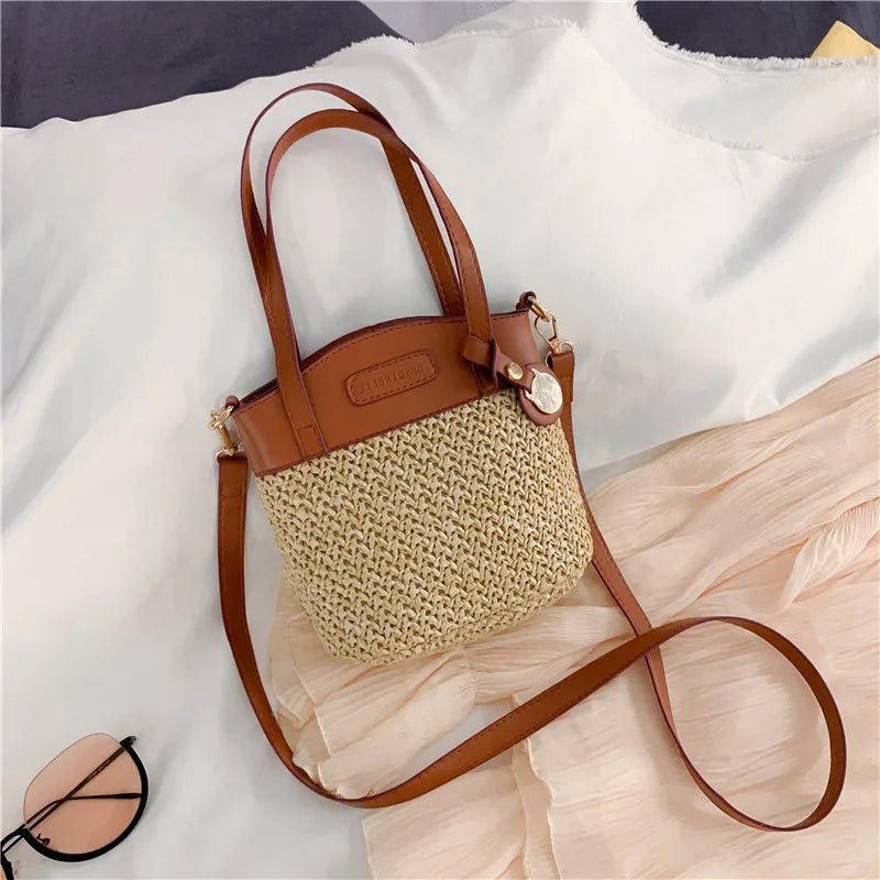 Vintage Straw Beach Bag for Women Shoulder Handbag with Patchwork Design