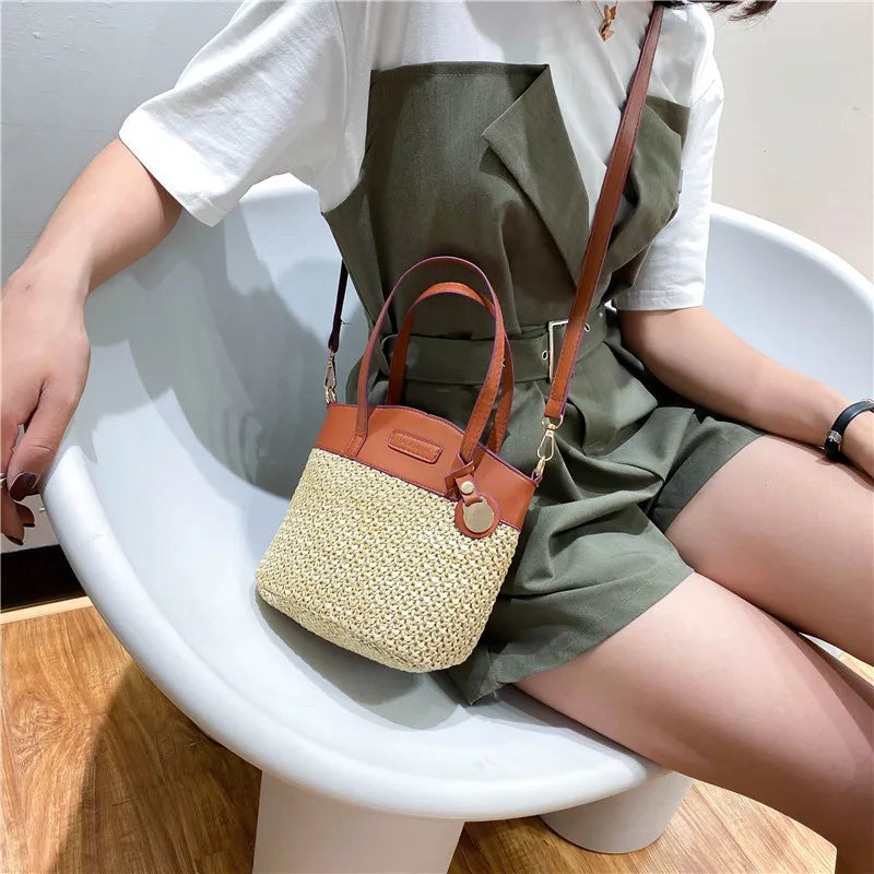 Vintage Straw Beach Bag for Women Shoulder Handbag with Patchwork Design