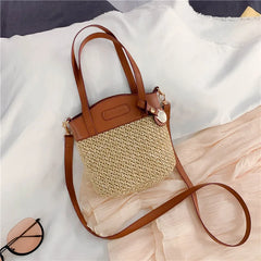Vintage Straw Beach Bag for Women Shoulder Handbag with Patchwork Design