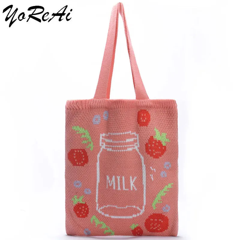 Strawberry Milk Knitting Shoulder Bag for Women