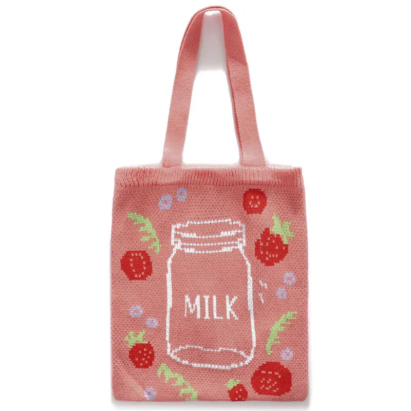 Strawberry Milk Knitting Shoulder Bag for Women