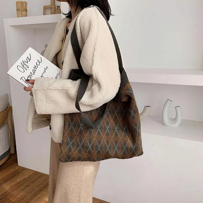 Women's Plaid Shoulder Bag Soft Knitting Tote Autumn Handbags