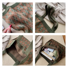 Women's Plaid Shoulder Bag Soft Knitting Tote Autumn Handbags