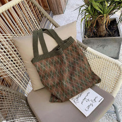Women's Plaid Shoulder Bag Soft Knitting Tote Autumn Handbags