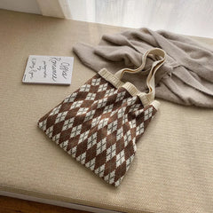 Women's Plaid Shoulder Bag Soft Knitting Tote Autumn Handbags