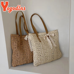 Bohemian Ribbon Straw Bag Women Large Capacity Woven Rattan Tote Bag