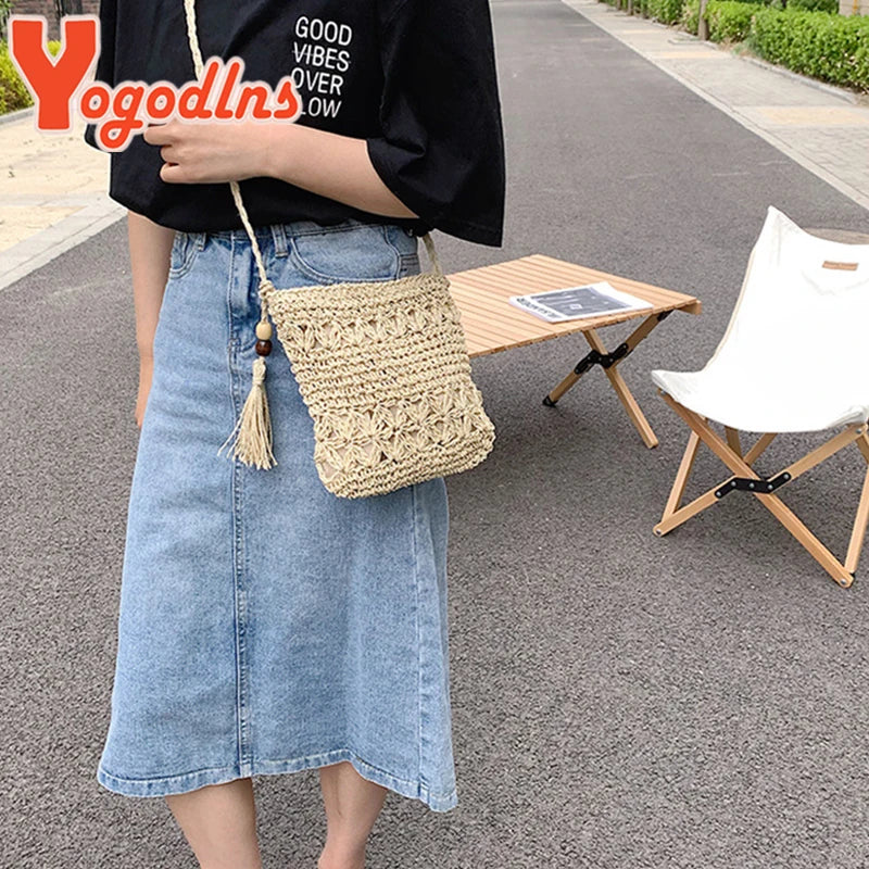 Boho Straw Bag Women Beach Shoulder Handbag Tassel Crossbody